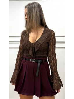 Camiseta encaje volante marrón