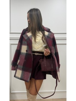 Abrigo paño cuadros granate