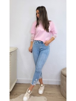 Sudadera mangas encaje rosa