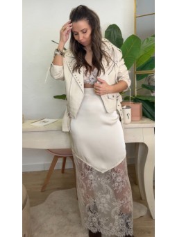 Falda seda encaje beige